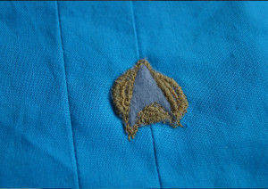 star trek TNG blue science uniform mug rug with freehand machine stiched starfleet badge